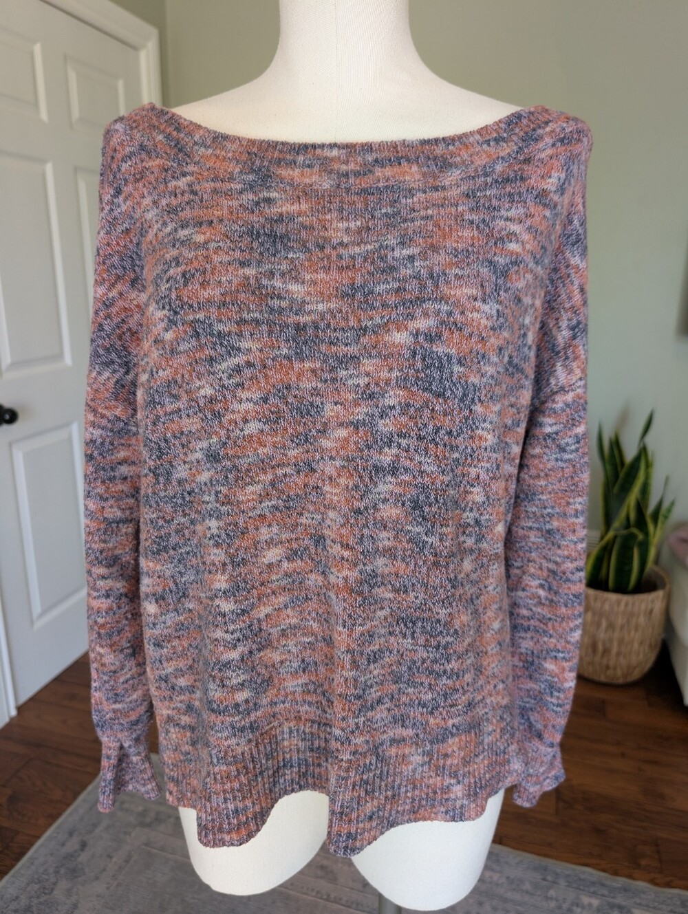 Reitmans Women’s Marled Knit Sweater Pink Gray Boat Neck Pullover Size L